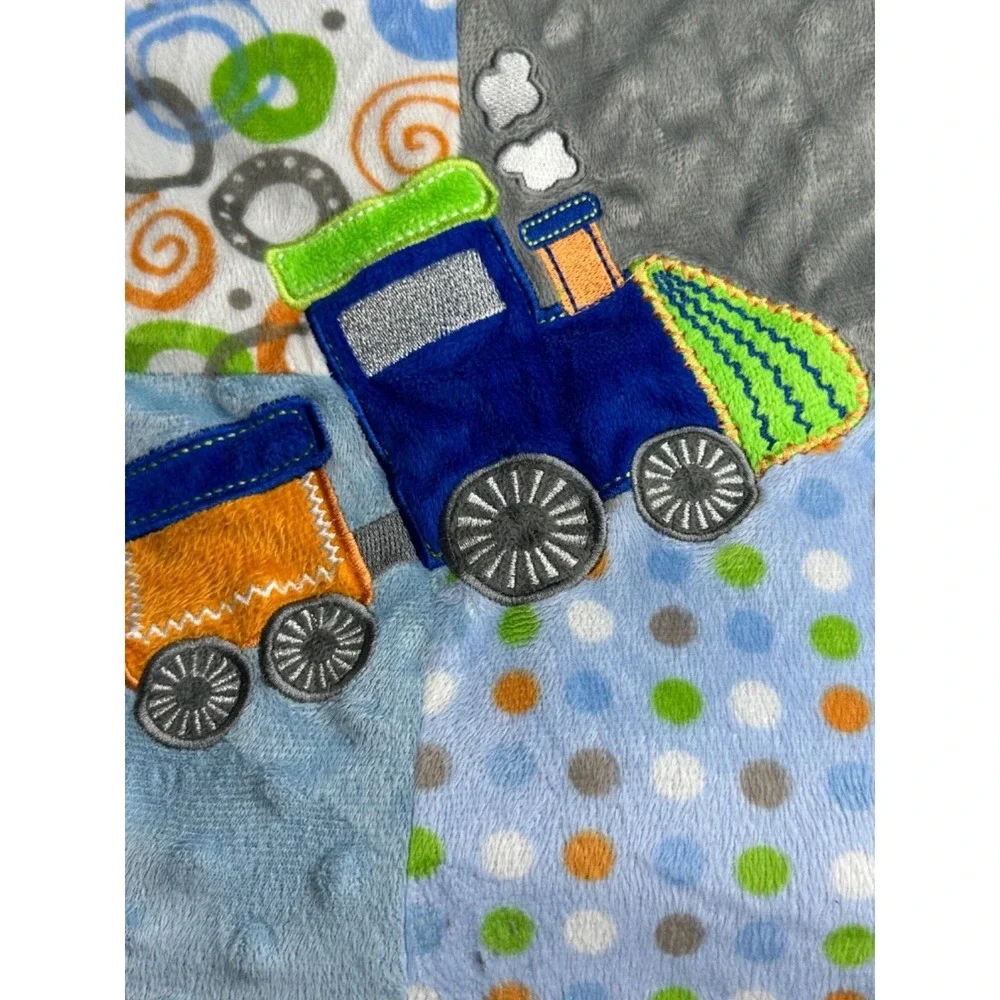 Little‎ Beginnings Baby Blanket Blue Train Raised Bumps Polka Dots Circles Swirl